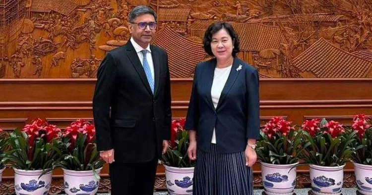 India's foreign secretary Vikram Misri with China's Vice foreign minister Hua Chunying in Beijing