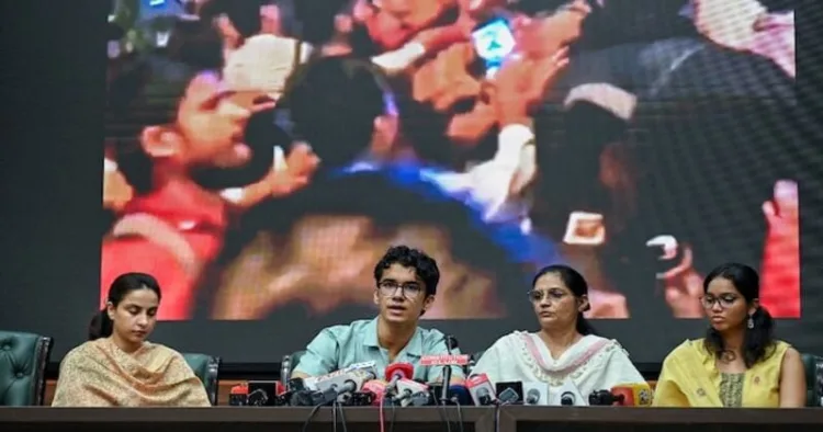 Family members of Delhi Police personnel addressing media