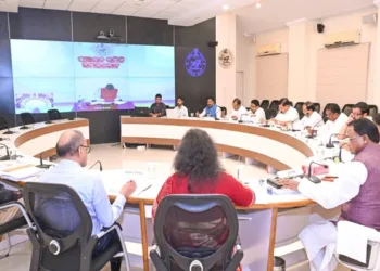 Odisha Chief Minister Mohan Charan Majhi chairs the State Cabinet meeting at Lok Seva Bhawan on August 12, 2026.