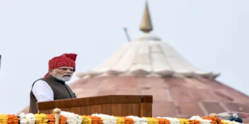 New Delhi, Aug 15 (ANI): Prime Minister Narendra Modi addresses the nation from the ramparts of Red Fort on 80th Independence Day, in New Delhi on Saturday. (ANI Photo/Rahul Singh)