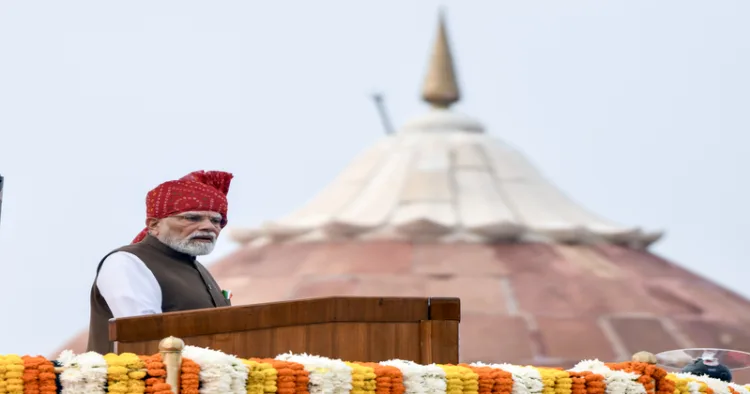 New Delhi, Aug 15 (ANI): Prime Minister Narendra Modi addresses the nation from the ramparts of Red Fort on 80th Independence Day, in New Delhi on Saturday. (ANI Photo/Rahul Singh)