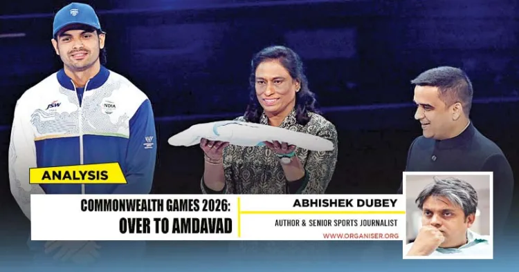 President of the Indian Olympic Association President P. T. Usha holds the Commonwealth Games flag alongside Gujarat Deputy Chief Minister Harsh Sanghavi and Neeraj Chopra during the closing ceremony of the Commonwealth Games 2026 at the OVO Hydro in Glasgow