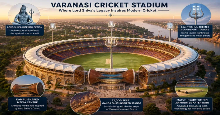 Varanasi is set to welcome a spectacular cricket stadium blending modern sports infrastructure with Kashi’s timeless spiritual identity (AI generated image)