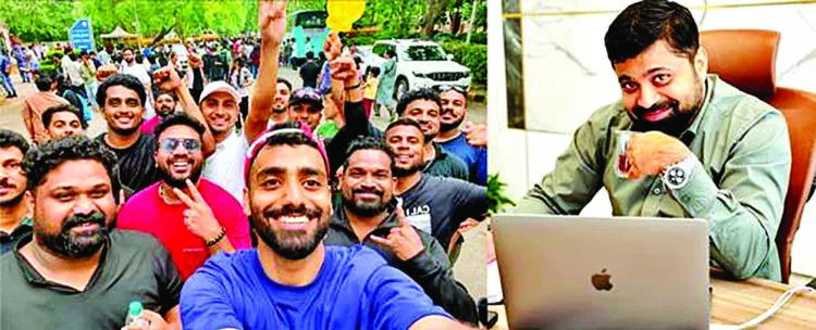 Dubai-based businessman Md Shaji Madathil (right) flew 23 employees (left) to CJP protest at Jantar Mantar at his own expense