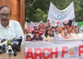 DASE general secretary Dr GR Ravindranath (left) and an anti-abortion protest participated in by Tamil Nadu Assembly Speaker JCD Prabhakar (marked in red, right).