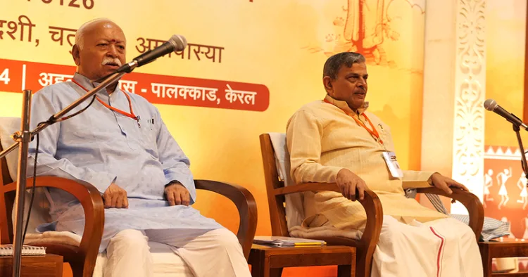 (Left) RSS Sarsanghchalak Dr Mohan Bhagwat (Right) RSS Sarkaryavah Dattatreya Hosabale
