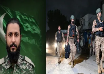 (Left) Pakistan Army officer, Major Hafiz Ihsan Elahi killed (Right) Armed security personnel