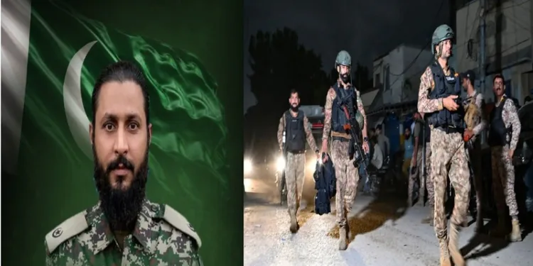 (Left) Pakistan Army officer, Major Hafiz Ihsan Elahi killed (Right) Armed security personnel