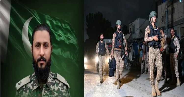 (Left) Pakistan Army officer, Major Hafiz Ihsan Elahi killed (Right) Armed security personnel