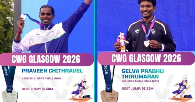 (Left) Praveen Chithravel Wins Silver (Right) Selva Prabhu Takes Bronze in Triple Jump at CWG 2026