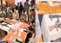 (Left) SP Manoj Swargiyari Addressing Press Conference in Seraikela (Right) Weapons Recovered from Maoists Displayed