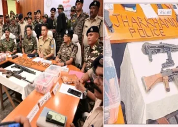 (Left) SP Manoj Swargiyari Addressing Press Conference in Seraikela (Right) Weapons Recovered from Maoists Displayed