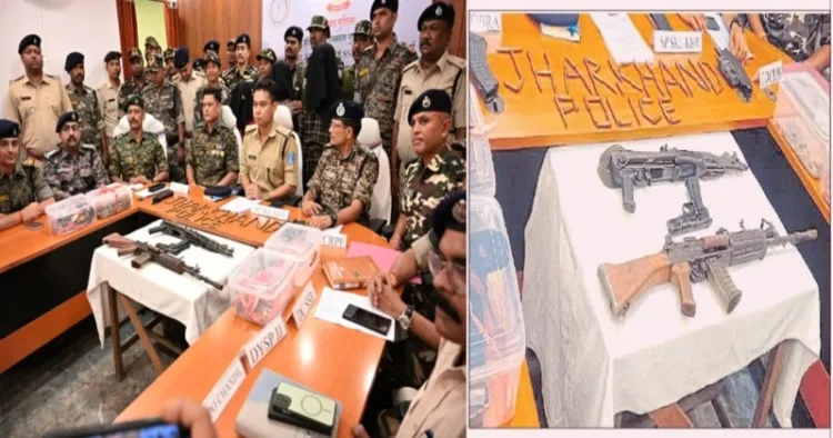 (Left) SP Manoj Swargiyari Addressing Press Conference in Seraikela (Right) Weapons Recovered from Maoists Displayed