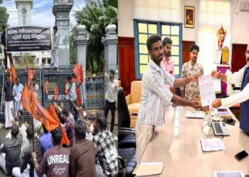 (Left) ABVP wages protest in Kerala University over irregularities in the LLB exam revaluation (Right) ABVP representatives meet the VC of the Kerala University and expressed their concern