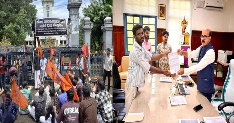 (Left) ABVP wages protest in Kerala University over irregularities in the LLB exam revaluation (Right) ABVP representatives meet the VC of the Kerala University and expressed their concern
