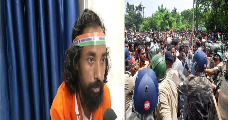 (Left) Student leader Devendra Nath Mahato (Right) Students waged peaceful protest in Jharkhand against the irregularities sin paper leak