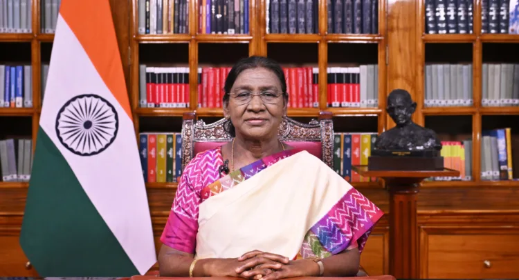 The President Smt. Droupadi Murmu addressing the Nation on the eve of the 80th Independence Day, in New Delhi on August 14, 2026.