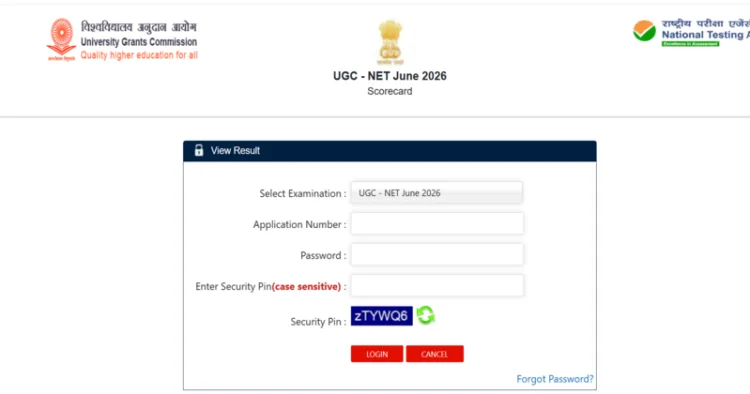 UGC NET Result 2026 login page; NTA announces UGC NET result 2026 for the June session
