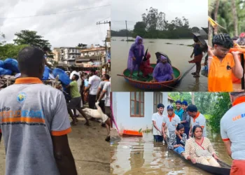 Seva Bharati karyakartas engaged in relief and rescue operations across flood-hit districts in Kerala.