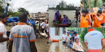 Seva Bharati karyakartas engaged in relief and rescue operations across flood-hit districts in Kerala.
