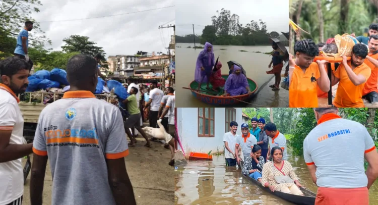 Seva Bharati karyakartas engaged in relief and rescue operations across flood-hit districts in Kerala.