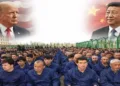 POTUS Trump (left) and Chinese President Xi (right); file photo shows Uyghur detainees during a political education session at a detention camp in Xinjiang, China, April 2017.
