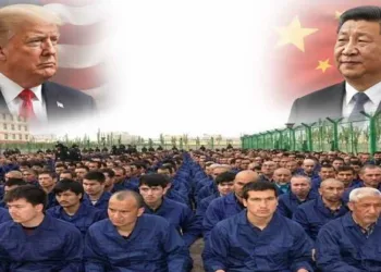 POTUS Trump (left) and Chinese President Xi (right); file photo shows Uyghur detainees during a political education session at a detention camp in Xinjiang, China, April 2017.
