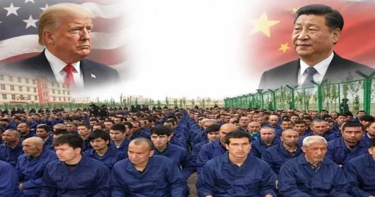 POTUS Trump (left) and Chinese President Xi (right); file photo shows Uyghur detainees during a political education session at a detention camp in Xinjiang, China, April 2017.