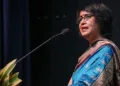 Exiled Bangladeshi writer Taslima Nasrin speaks during a citizens felicitation programme titled 'Returning to a Free West Bengal After 19 Years'