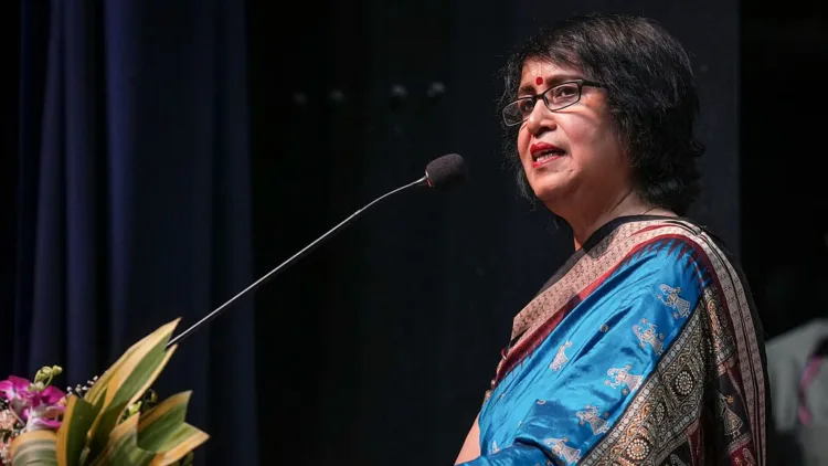 Exiled Bangladeshi writer Taslima Nasrin speaks during a citizens felicitation programme titled 'Returning to a Free West Bengal After 19 Years'