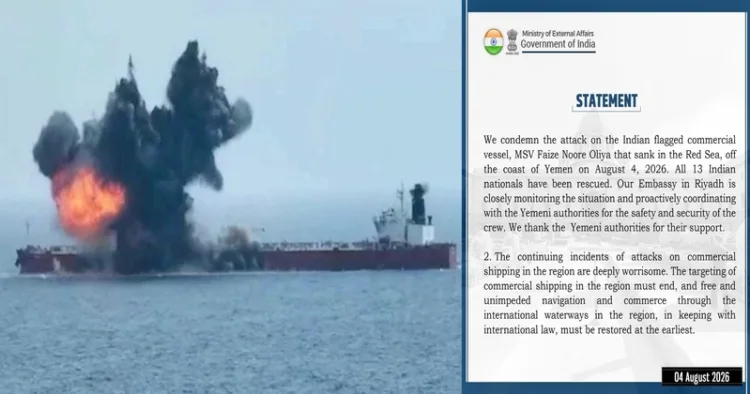 MSV Faize Noore Oliya, sank off Yemen after being hit by a projectile, but all 13 Indian nationals aboard were safely rescued