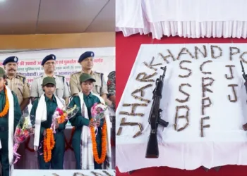 Maoists surrender before senior police officials at the West Singhbhum District headquarters, Chaibasa's police lines