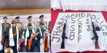 Maoists surrender before senior police officials at the West Singhbhum District headquarters, Chaibasa's police lines