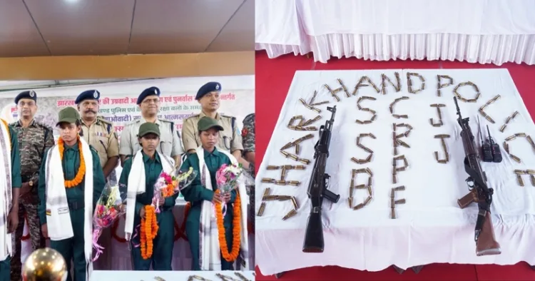 Maoists surrender before senior police officials at the West Singhbhum District headquarters, Chaibasa's police lines