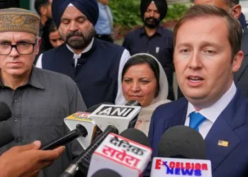 US Ambassador to India Sergio Gor speaks to the media as he arrives at the residence of J&K CM Omar Abdullah, in Srinagar on August 19, 2026