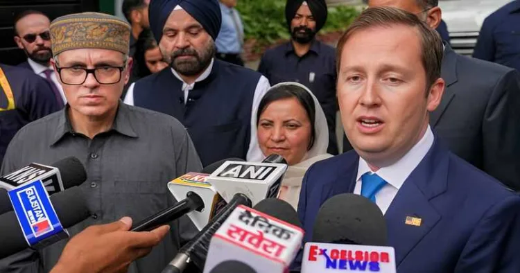 US Ambassador to India Sergio Gor speaks to the media as he arrives at the residence of J&K CM Omar Abdullah, in Srinagar on August 19, 2026
