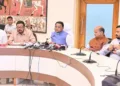 Odisha Chief Minister Mohan Charan Majhi briefing the press on flood situation and assistance package at Loka Seva Bhawan