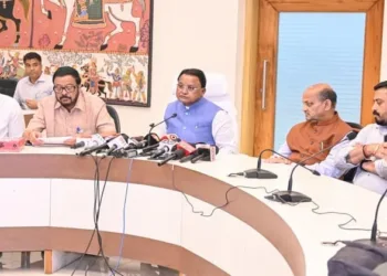 Odisha Chief Minister Mohan Charan Majhi briefing the press on flood situation and assistance package at Loka Seva Bhawan