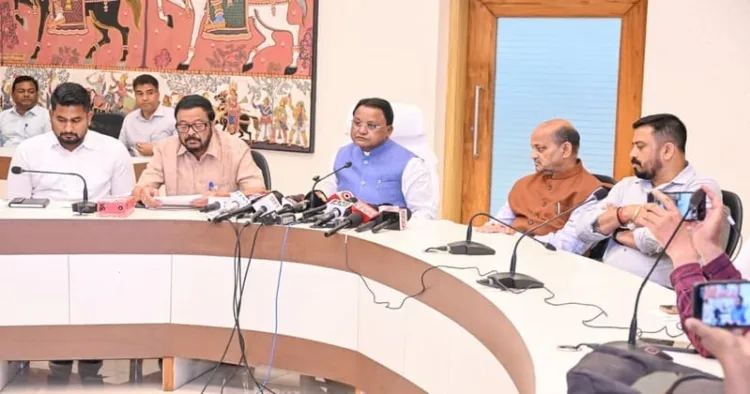 Odisha Chief Minister Mohan Charan Majhi briefing the press on flood situation and assistance package at Loka Seva Bhawan