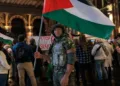 Dutch TikTokker Angelo Bryson, known as Superhuman Unchained, at a pro-Palestine protest.