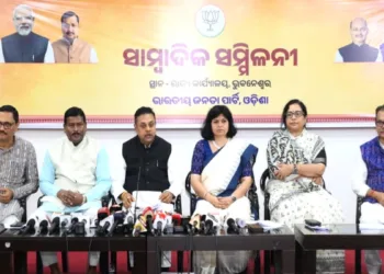 Senior BJP Leader Dr Sambit Patra and others addressing a press conference