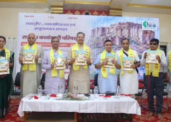 From Left to Right: Kamakshi Swaminathan, National Vice President, Saksham; Satish Bansal, National Treasurer, Saksham; Umesh Aandhare, National General Secretary, Saksham; Alok Kumar, Sah Sarkaryavah; Dayal Singh Panwar, National President, Saksham; Gurmeet Singh Mahal, Jodhpur Prant President, Saksham; Dr Jasraj Sharma, Jodhpur Mahanagar President, Saksham; and Dhananjay Kumar Singh, National Krida Ayam Pramukh, Saksham