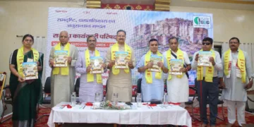From Left to Right: Kamakshi Swaminathan, National Vice President, Saksham; Satish Bansal, National Treasurer, Saksham; Umesh Aandhare, National General Secretary, Saksham; Alok Kumar, Sah Sarkaryavah; Dayal Singh Panwar, National President, Saksham; Gurmeet Singh Mahal, Jodhpur Prant President, Saksham; Dr Jasraj Sharma, Jodhpur Mahanagar President, Saksham; and Dhananjay Kumar Singh, National Krida Ayam Pramukh, Saksham