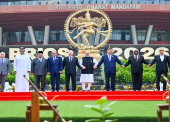 New Delhi, Sep 12 (ANI): Prime Minister Narendra Modi, along with Chinese President Xi Jinping, Russian President Vladimir Putin and other world leaders, poses for a picture at a joint tree plantation initiative during the BRICS Summit at Bharat Mandapam, in New Delhi on Saturday. (Narendra Modi Photo Gallery/ANI Photo)