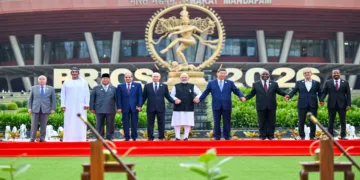 New Delhi, Sep 12 (ANI): Prime Minister Narendra Modi, along with Chinese President Xi Jinping, Russian President Vladimir Putin and other world leaders, poses for a picture at a joint tree plantation initiative during the BRICS Summit at Bharat Mandapam, in New Delhi on Saturday. (Narendra Modi Photo Gallery/ANI Photo)
