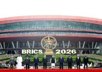 Prime Minister Narendra Modi, along with Chinese President Xi Jinping, Russian President Vladimir Putin and other world leaders, poses for a picture at a joint tree plantation initiative during the BRICS Summit