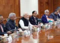 New Delhi, Sep 12 (ANI): Prime Minister Narendra Modi holds a bilateral meeting with Chinese President Xi Jinping on the sidelines of the BRICS Summit 2026, in New Delhi on Saturday. External Affairs Minister S. Jaishankar, NSA Ajit Doval and Principal Secretaries to the PM, Pramod Kumar Mishra and Shaktikanta Das also present. (@MEAIndia X/ANI Photo)