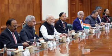 New Delhi, Sep 12 (ANI): Prime Minister Narendra Modi holds a bilateral meeting with Chinese President Xi Jinping on the sidelines of the BRICS Summit 2026, in New Delhi on Saturday. External Affairs Minister S. Jaishankar, NSA Ajit Doval and Principal Secretaries to the PM, Pramod Kumar Mishra and Shaktikanta Das also present. (@MEAIndia X/ANI Photo)