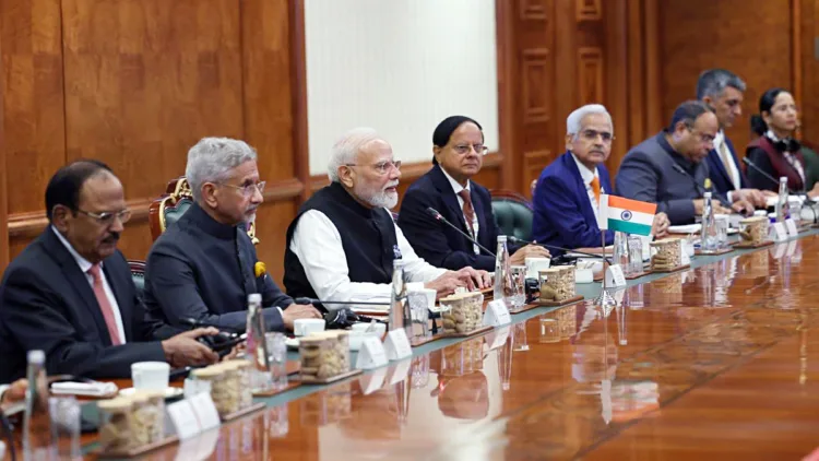 New Delhi, Sep 12 (ANI): Prime Minister Narendra Modi holds a bilateral meeting with Chinese President Xi Jinping on the sidelines of the BRICS Summit 2026, in New Delhi on Saturday. External Affairs Minister S. Jaishankar, NSA Ajit Doval and Principal Secretaries to the PM, Pramod Kumar Mishra and Shaktikanta Das also present. (@MEAIndia X/ANI Photo)