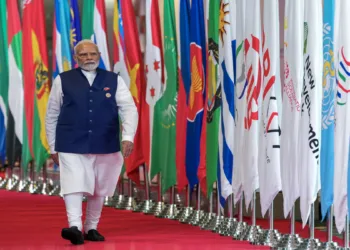 Prime Minister Narendra Modi arrives at Bharat Mandapam on Day 2 of the BRICS Summit 2026